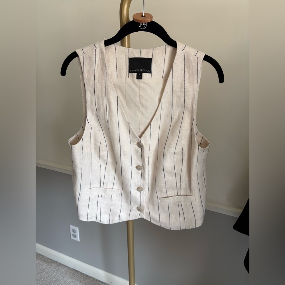 Pinstriped Cream Linen Button-Up Vest